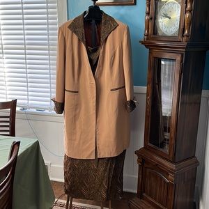 Faith Tan/Camel/black/metallic gold paisley print skirt suit, with modesty panel